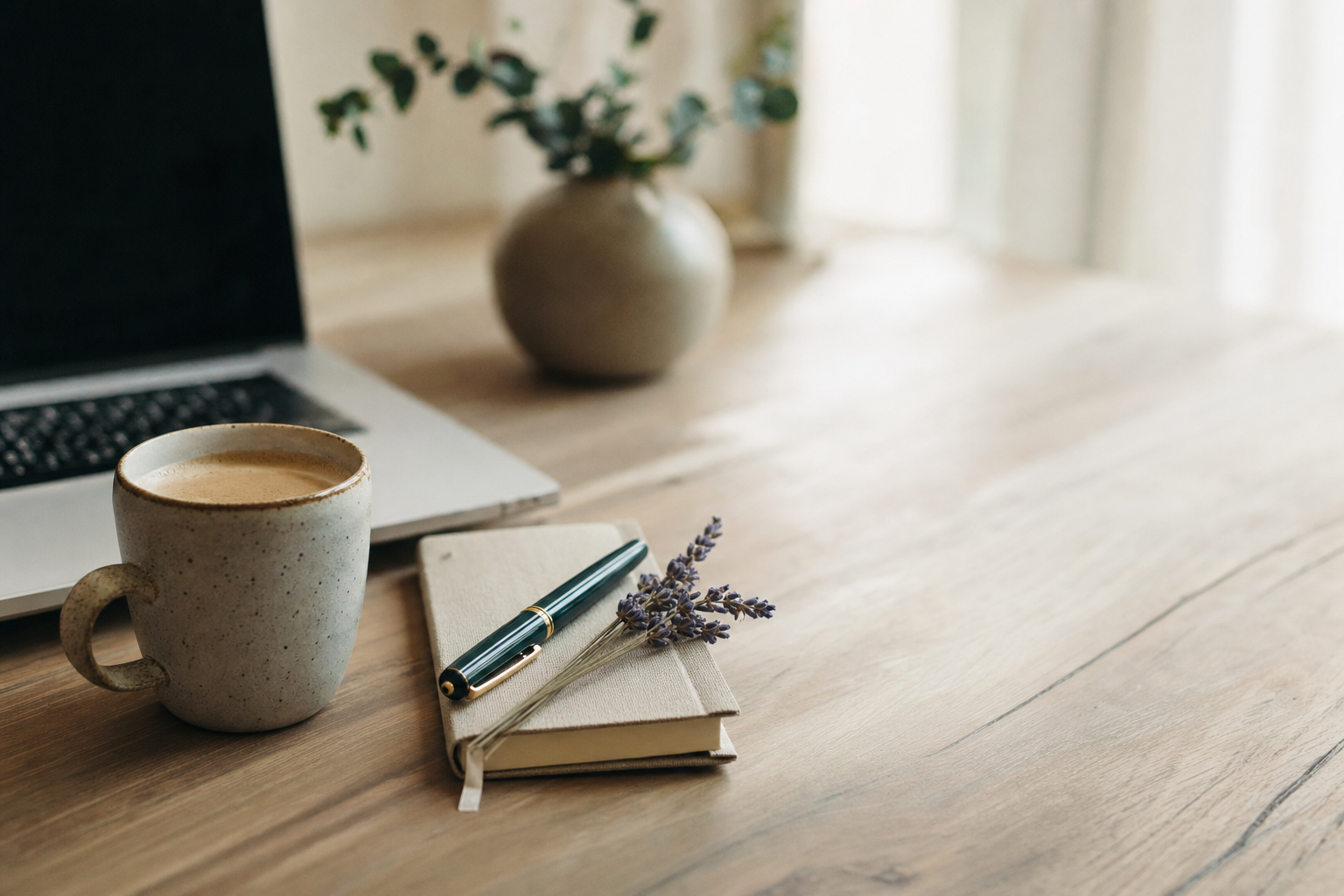 A warm morning workspace — ceramic mug, notebook with a fountain pen, sprig of lavender on a wood table
