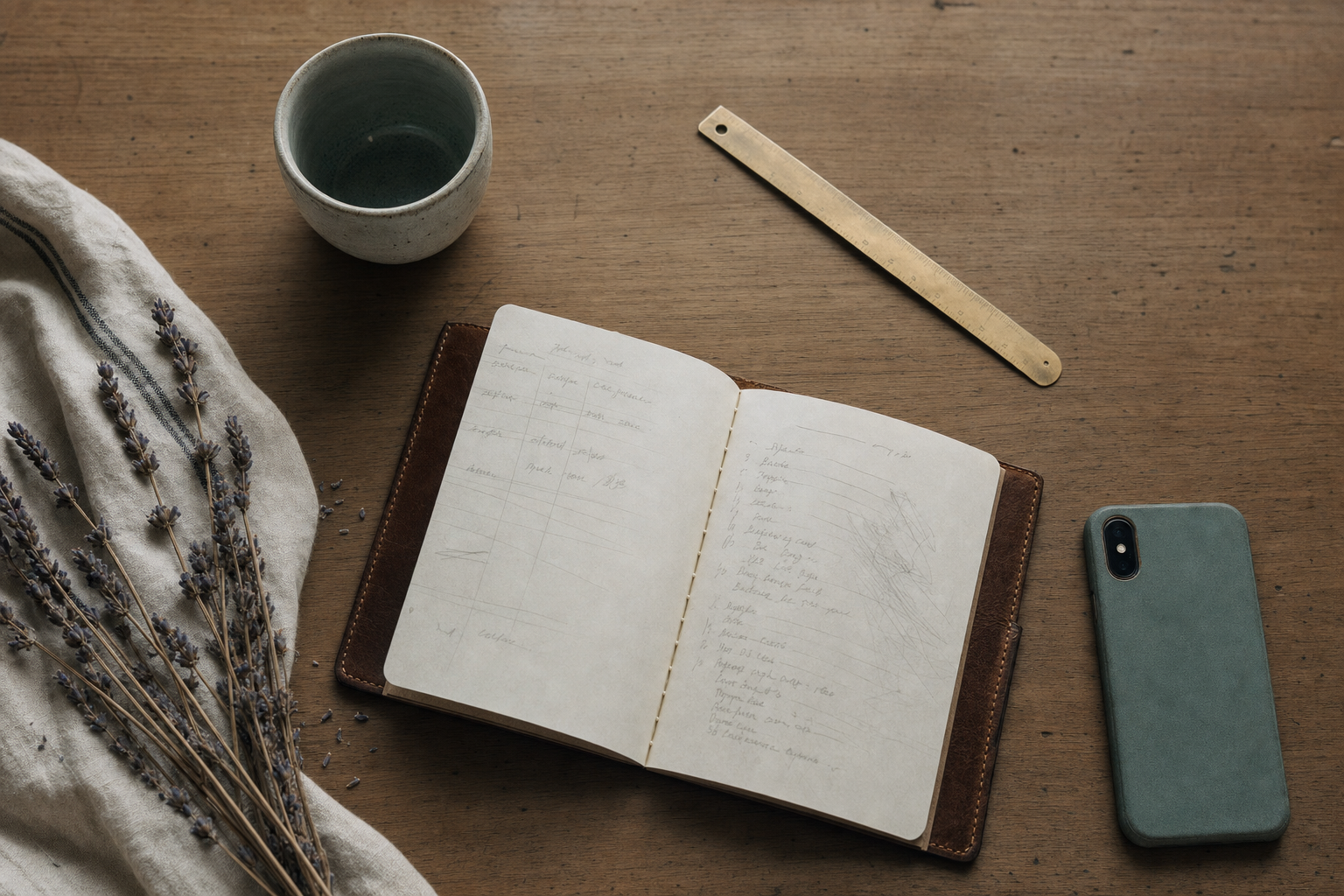A leather notebook and fountain pen on a wooden desk in warm afternoon light